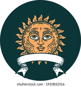 tattoo style icon with banner of a sun with face