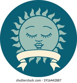 tattoo style icon with banner of a sun with face