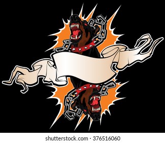 Tattoo style illustration faces of two savage angry dogs braking their chains and banner for inscription.