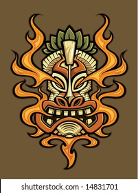 Tattoo style illustration of a fire breathing tiki head.