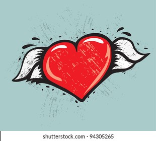 tattoo style illustration of heart with wings