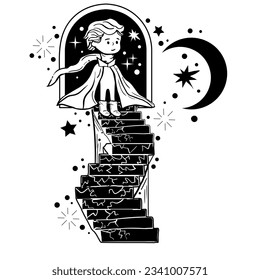 Tattoo style illustration of little boy standing on a stairway, dreaming concept. Surreal background. Symbol of childhood, imagination, creative idea