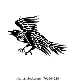 Tattoo style illustration of a raven, crow or blackbird viewed from side flying in black and white on isolated background.