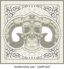 A tattoo style illustration of a skull wearing a viking helmet.