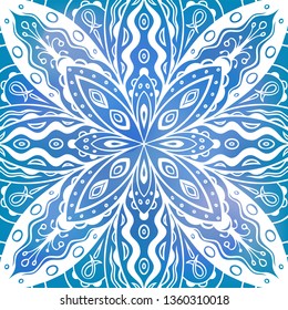 Tattoo style Indian background. Blue ethnic pattern. Fancy mystic ornament. Abstract lotus concept. Symmetric backdrop. Vector illustration.