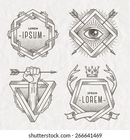 Tattoo style line art emblem with heraldic elements and impossible shape - vector illustration