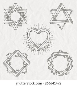 Tattoo style line art symbols with impossible shape with thorns branches - vector set