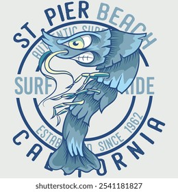 Tattoo style lobster illustration with beach lifestyle texts with big waves, surfers and gradient signs retracing the vision of beach vacations