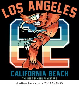 Tattoo style lobster illustration with beach lifestyle texts with big waves, surfers and gradient signs retracing the vision of beach vacations