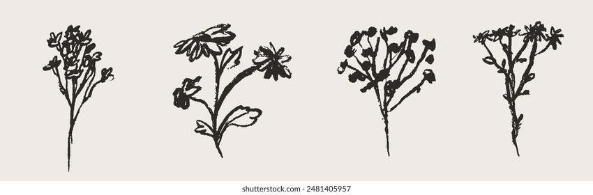 Tattoo style modern simple flower art poster or placard collection. Ink, charcoal, pencil or crayon style plants or floral elements drawing. Abstract hand drawn flowers vector illustration set.