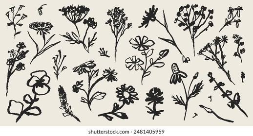 Tattoo style modern simple flower art set or collection. Ink, charcoal, pencil, chalk or crayon style plants or floral elements drawing. Abstract hand drawn trendy flowers vector illustration set.