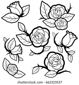 Tattoo style roses and buds. Vector black and white illustration