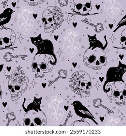 Tattoo Style Seamless Pattern with Skulls, Black Cats, Birds, Keys, Hearts, and Flowers. Hand-Drawn Vector background