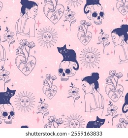 Tattoo Style Seamless Pattern with Women, Skulls, Cats, Sun, and Heart Flowers. Hand-Drawn Vector background