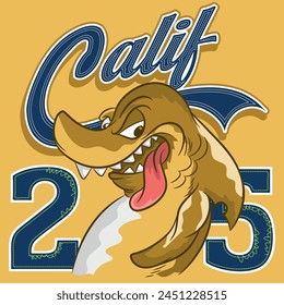 Tattoo style shark with texts from California Surf Marlin and company, since 1996, seasonal coloring made for different impressions either on different products. vacation beaches