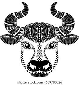 Tattoo style. Silhouette of bull isolated on white background. Zodiac sign Taurus. Abstract background.