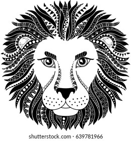 Tattoo style. Silhouette of lion isolated on white background. Zodiac sign leo. Abstract background.