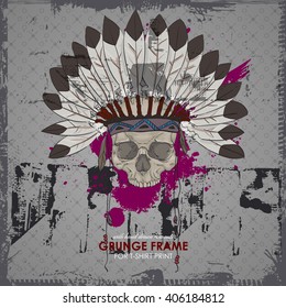 Tattoo style skull with indian feather hat. Grunge vector art illustration. Skull with indian feather hat. Grunge vector art. HIPSTER print for t-shirt. Modern street style attributes.