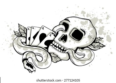 Tattoo Style Skull, Snake & Cards
