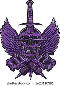 Tattoo style skull with wings and tattoo machines