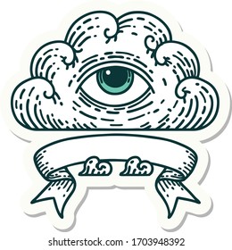 tattoo style sticker with banner of an all seeing eye cloud