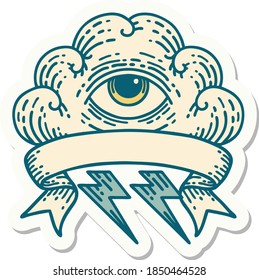 tattoo style sticker with banner of an all seeing eye cloud