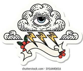 tattoo style sticker with banner of an all seeing eye cloud