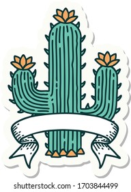 tattoo style sticker with banner of a cactus