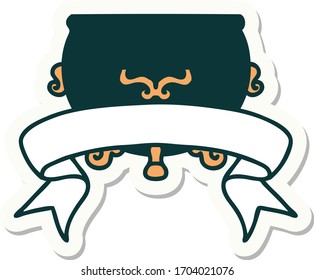 tattoo style sticker with banner of a cauldron