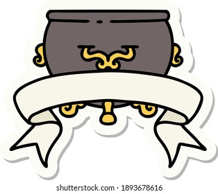 tattoo style sticker with banner of a cauldron