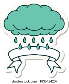 tattoo style sticker with banner of a cloud raining