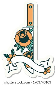 tattoo style sticker with banner of a dagger and flowers