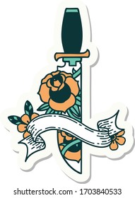 Tätowiersticker mit Banner und Dagger und Blumen