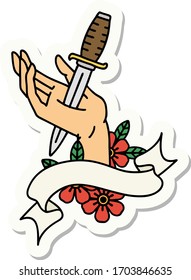 tattoo style sticker with banner of a dagger in the hand