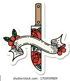 Tätowiersticker mit Banner und Dagger und Blumen
