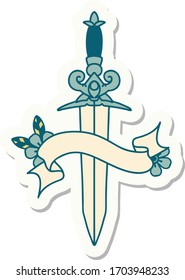 tattoo style sticker with banner of a dagger
