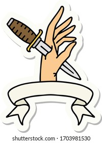 tattoo style sticker with banner of a dagger in the hand