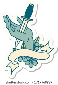 tattoo style sticker with banner of a dagger in the hand