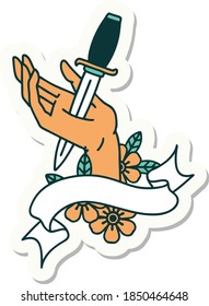 tattoo style sticker with banner of a dagger in the hand