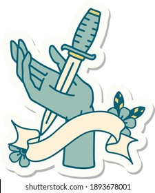 tattoo style sticker with banner of a dagger in the hand