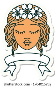 tattoo style sticker with banner of female face with eyes closed