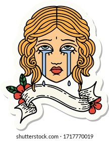 tattoo style sticker with banner of female face crying