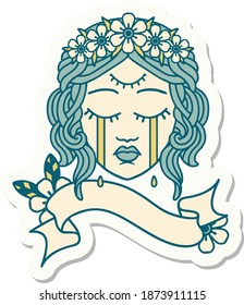 tattoo style sticker with banner of female face with third eye and crown of flowers cyring