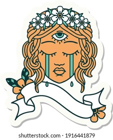 tattoo style sticker with banner of female face with mystic third eye crying