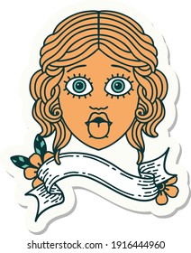 tattoo style sticker with banner of female face sticking out tongue