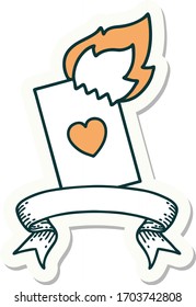 tattoo style sticker with banner of a flaming card