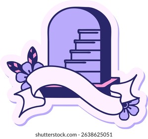 tattoo style sticker with banner of a grave stone in bright neon colors