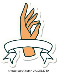 tattoo style sticker with banner of a hand