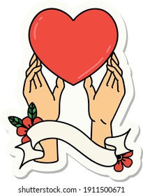tattoo style sticker with banner of hands reaching for a heart