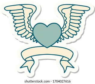 tattoo style sticker with banner of a heart with wings